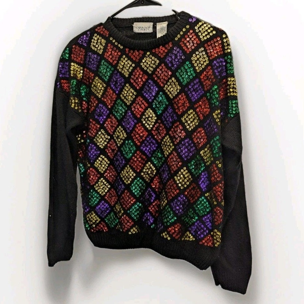 Vintage Silk Angora Argyle Color Block Sequin Sweater Black Quiet Luxury Medium